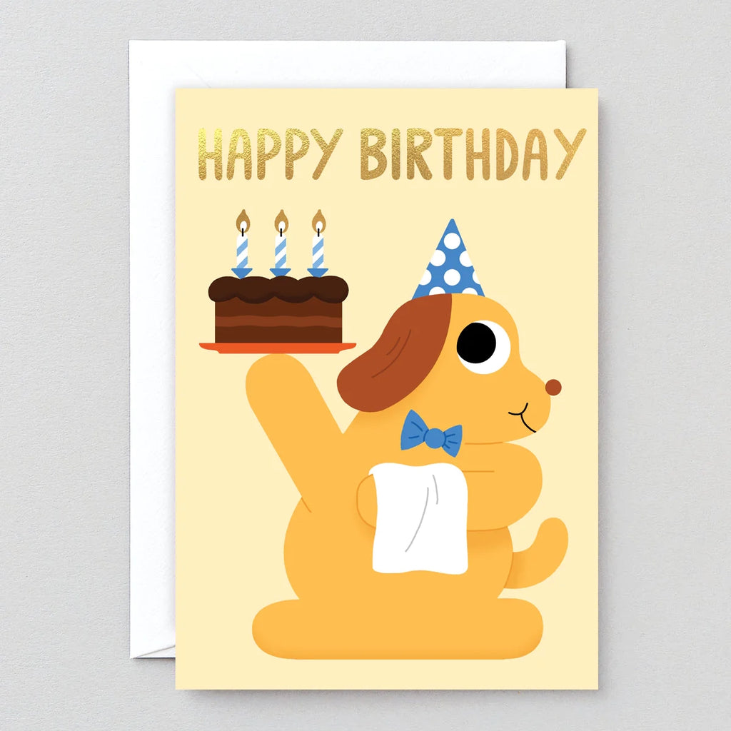 WRAP Grußkarte "Happy Birthday Cake & Dog" von WRAP aus London | Geburtstagsfreude mit Kuchen und Hundeliebe