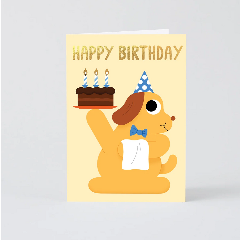 WRAP Grußkarte "Happy Birthday Cake & Dog" von WRAP aus London | Geburtstagsfreude mit Kuchen und Hundeliebe