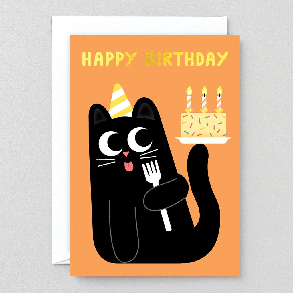 WRAP Grußkarte "Happy Birthday Cake & Cat" von WRAP aus London | Geburtstagsfreude mit Kuchen und Katzenliebe