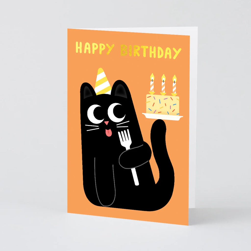 WRAP Grußkarte "Happy Birthday Cake & Cat" von WRAP aus London | Geburtstagsfreude mit Kuchen und Katzenliebe