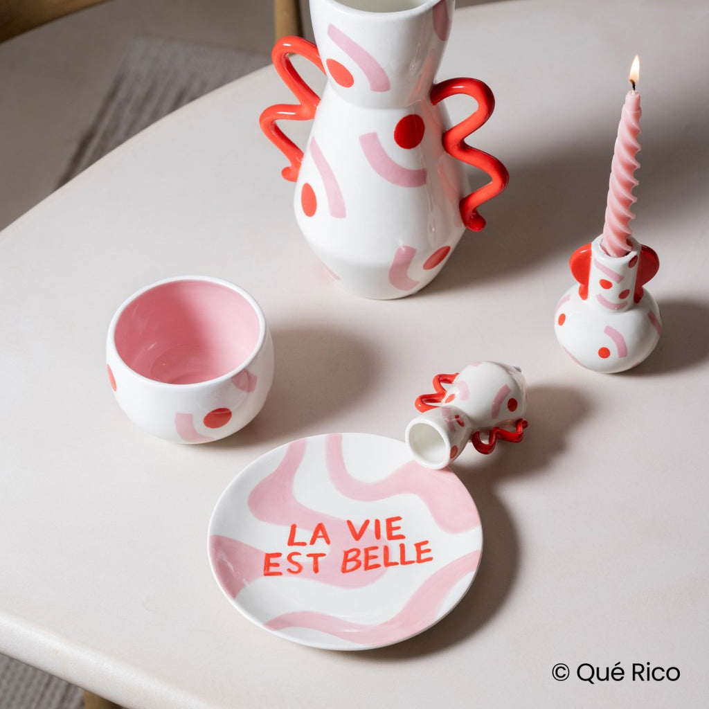 Qué Rico Keramik Dessertteller Qué Rico "La Vie est Belle" | Rosa Handgefertigt