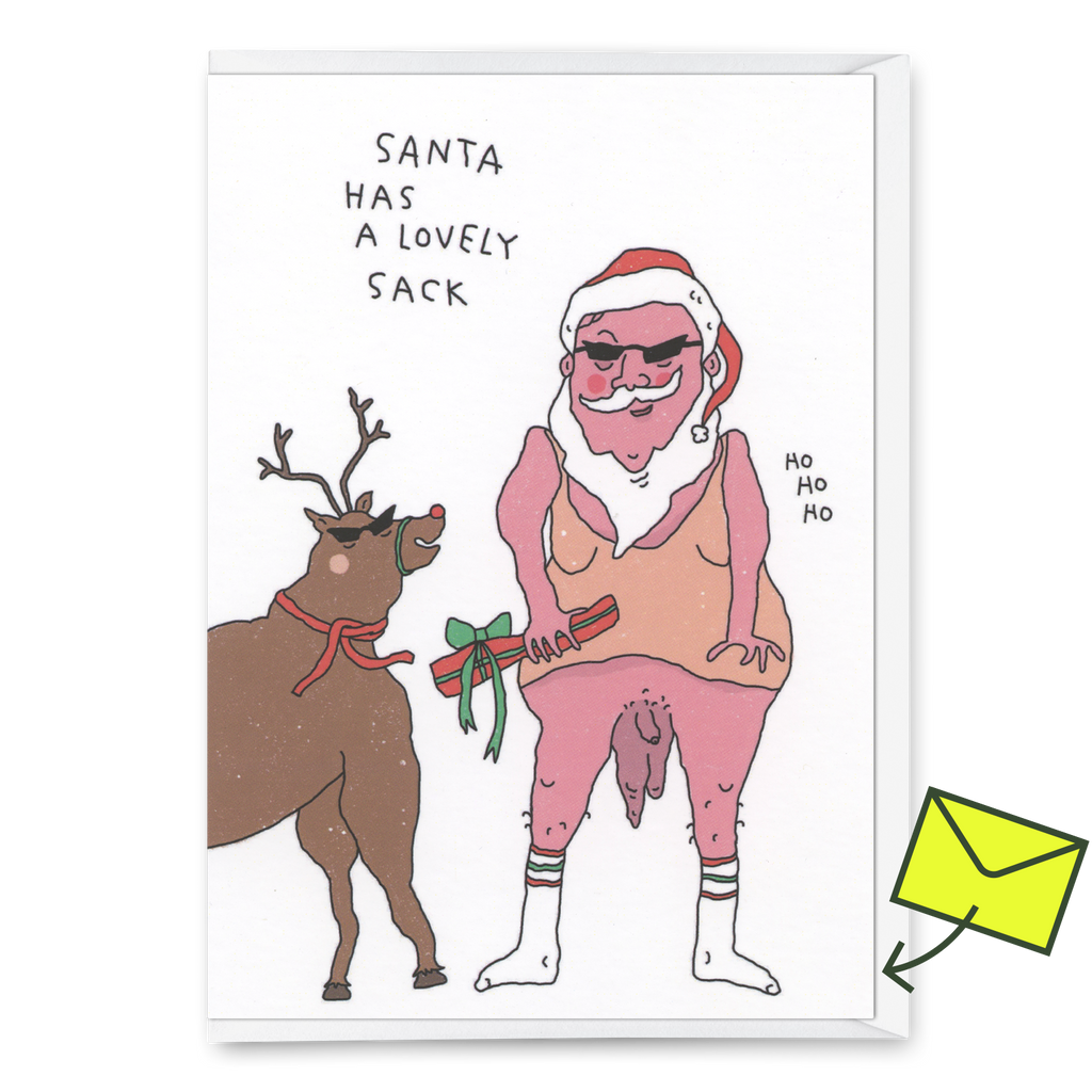 Eat Mielies Weird Illustration Grußkarte Eat Mielies “Santa has a lovely sack” | Lustige Weihnachtskarte