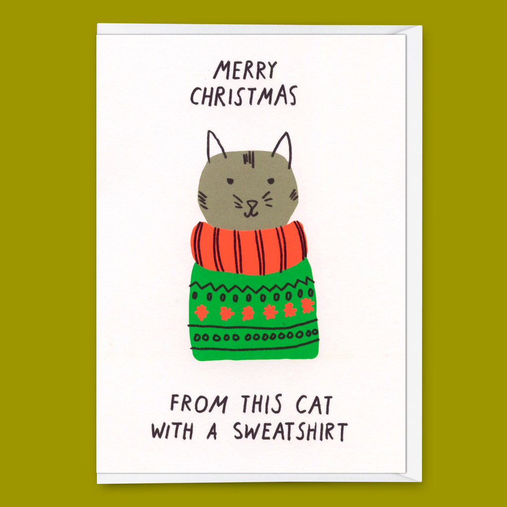 Deli Cards Grußkarte "Cat with Sweatshirt" | Schöne Klappkarte mit Katzen-Motiv zu Weihnachten