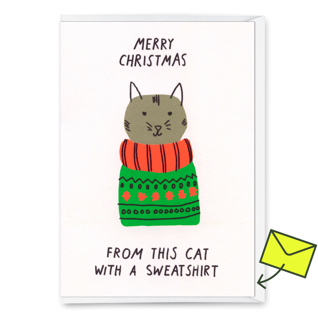 Deli Cards Grußkarte "Cat with Sweatshirt" | Schöne Klappkarte mit Katzen-Motiv zu Weihnachten