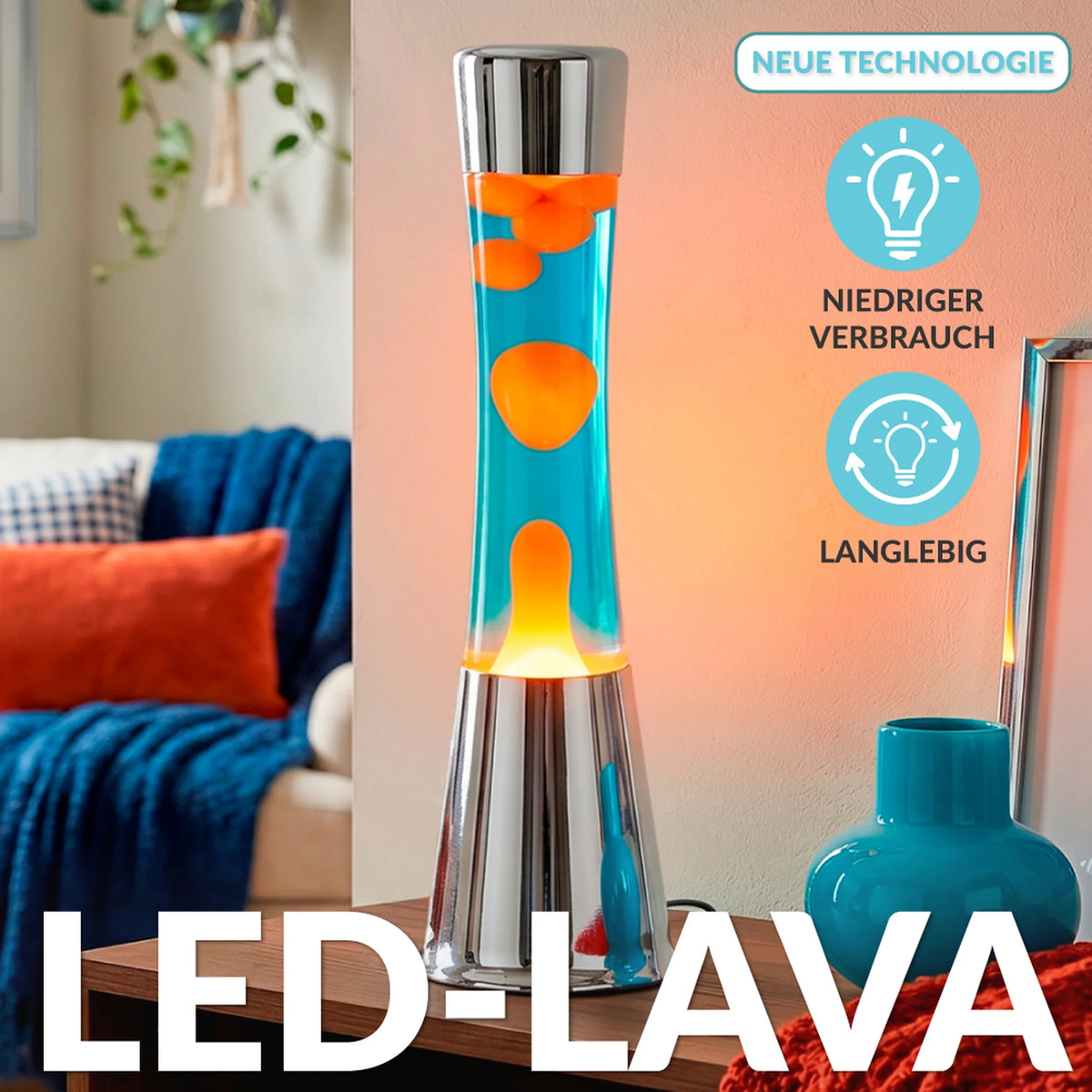 Fisura Lava Lampe “Tower Chrome” Blue & Orange | Retro Design | Fisura