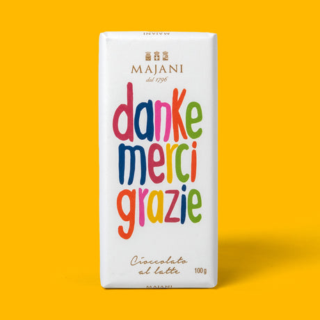 Majani Schokolade „Danke Merci Grazie“ 33% 100g | Vollmilchschokolade | Majani