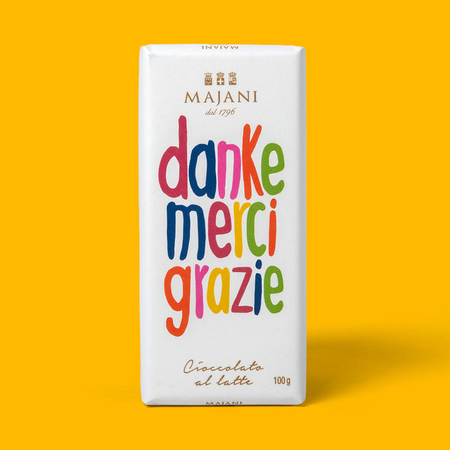 Majani Schokolade „Danke Merci Grazie“ 33% 100g | Vollmilchschokolade | Majani