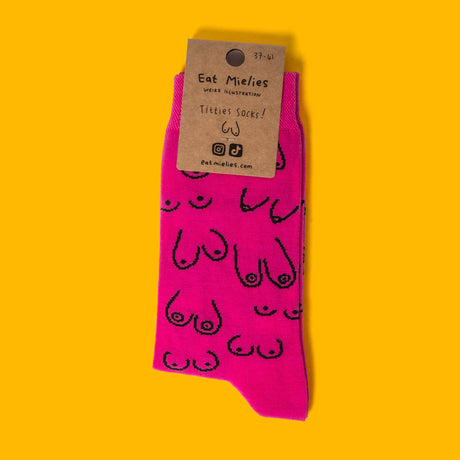Eat Mielies Weird Illustration Socken "Titties Fuchsia" Eat Mielies | Violette Baumwollstrümpfe